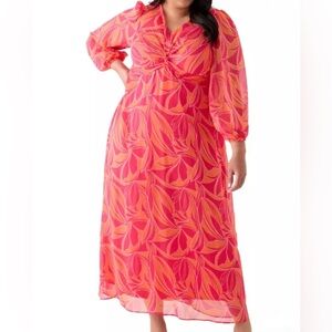W Sz. 16 Blouson Sleeve V-Neck Printed Floral Chiffon Maxi Resort Wedding Dress